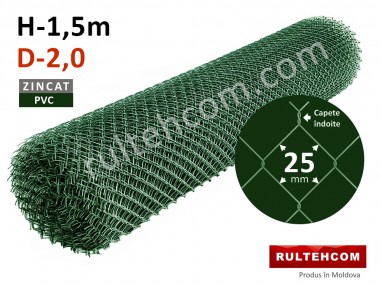 Plasă Rabiț 25х25mm D-2,0mm H-1,5m L-10m zinc + PVC