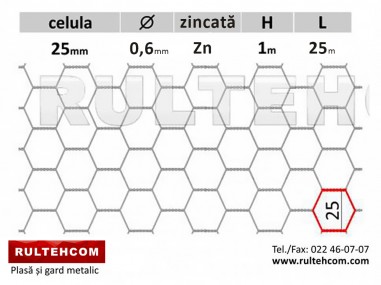 Plasă hexagonală Zn 25х25mm D-0,6mm B-1m L-25m S-25m2