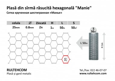 Plasă hexagonală Zn 25х25mm D-0,8mm B-1m L-50m S-50m2